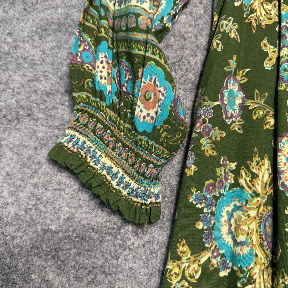 NATURAL LIFE Boho Paisley Rayon Midi Dress Olive Green Floral Tassel NWT Medium - Picture 9 of 10
